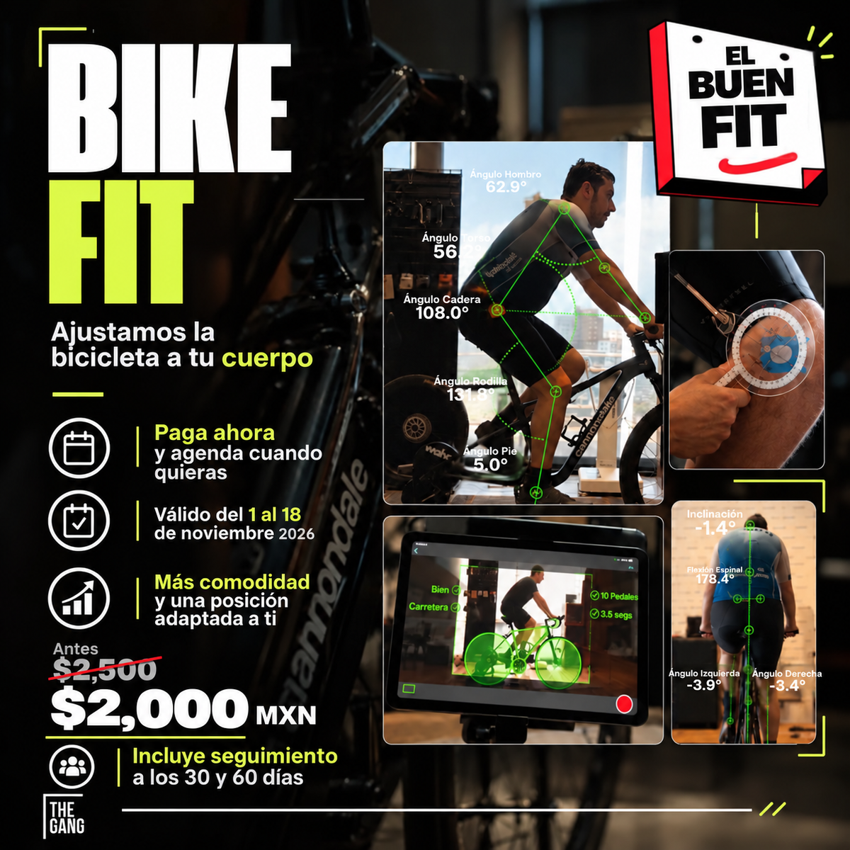 EL BUEN FIT: ajustamos la bicicleta a tu cuerpo. Seguimiento a los 30 y 60 días. Del 1 al 18 de noviembre de 2026. $2,000 MXN.